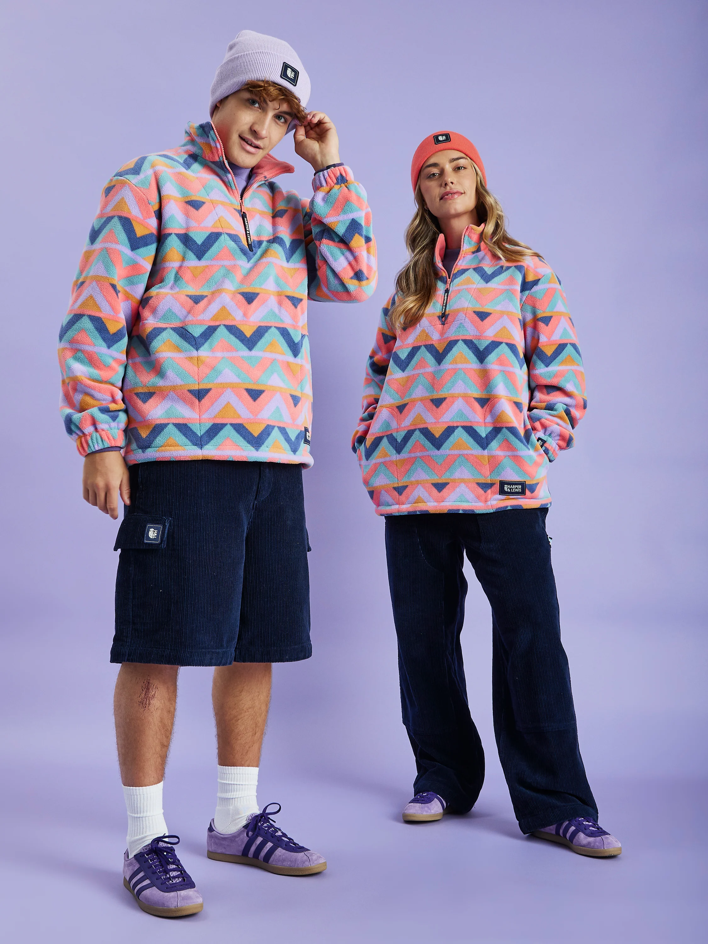 Raver Retro Pattern 1/4 Zip Fleece Coral & Airforce - Harper & Lewis