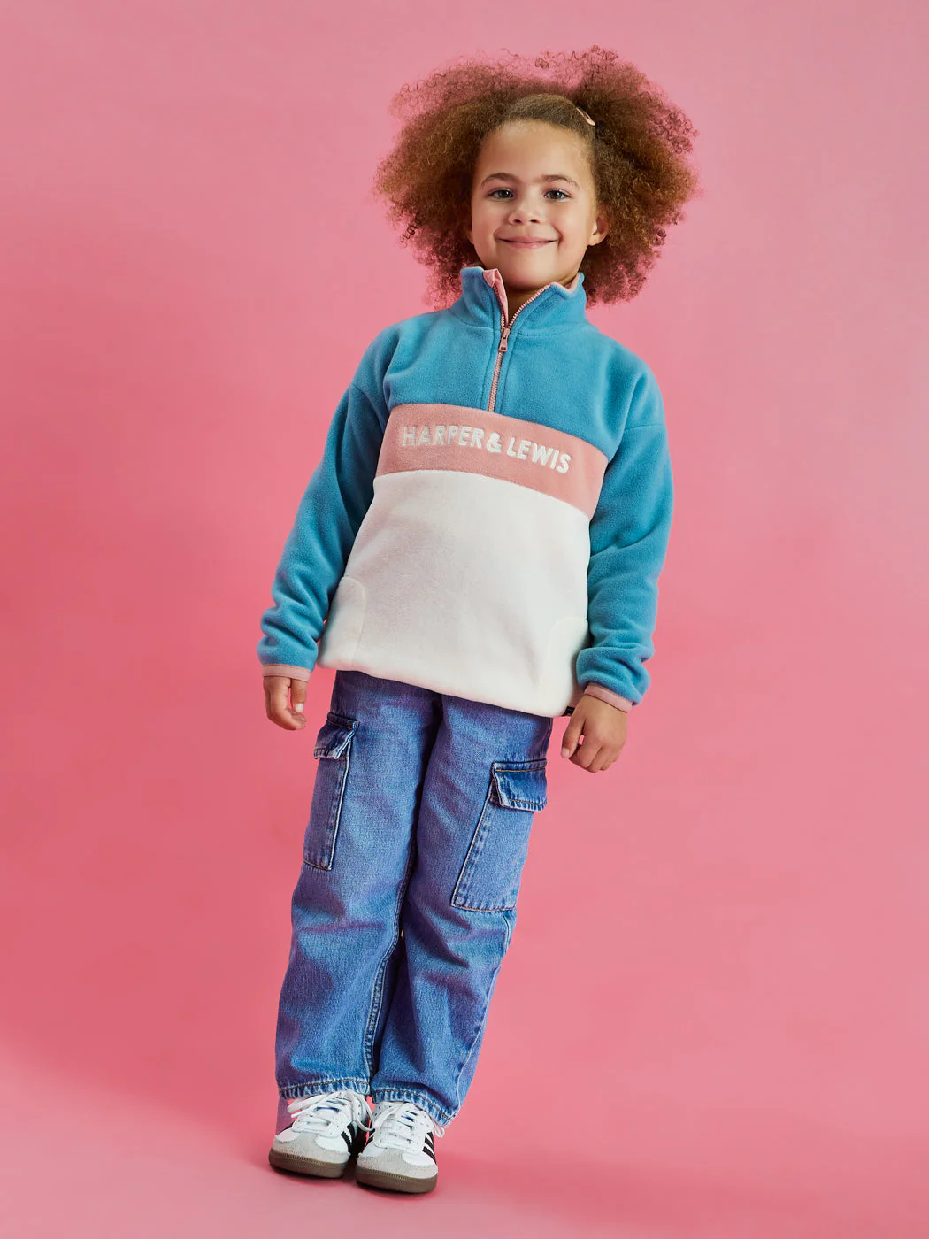 Kids Mellow 1/4 Zip Fleece Steel Blue & Cream - Harper & Lewis