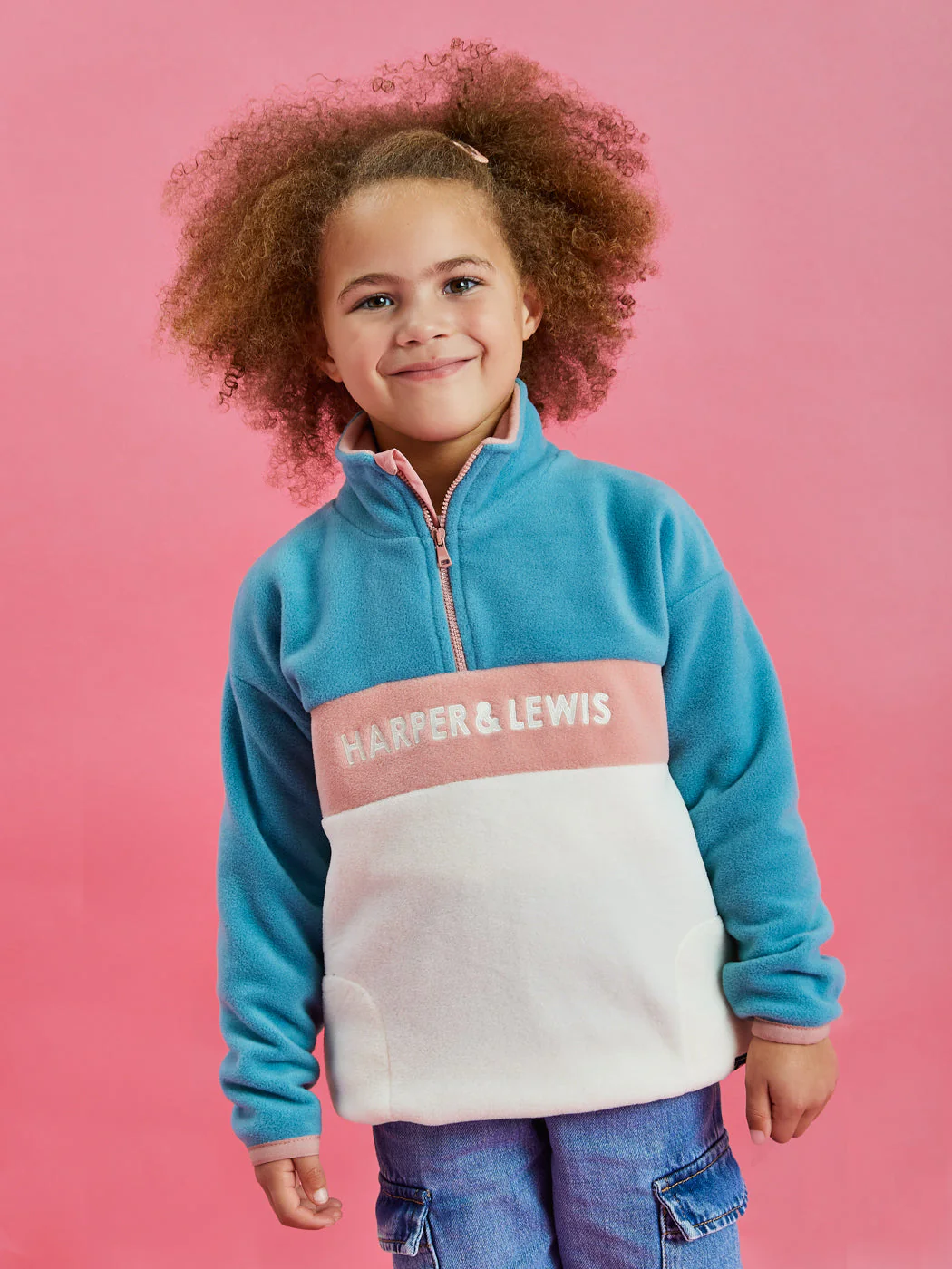 Kids Mellow 1/4 Zip Fleece Steel Blue & Cream - Harper & Lewis