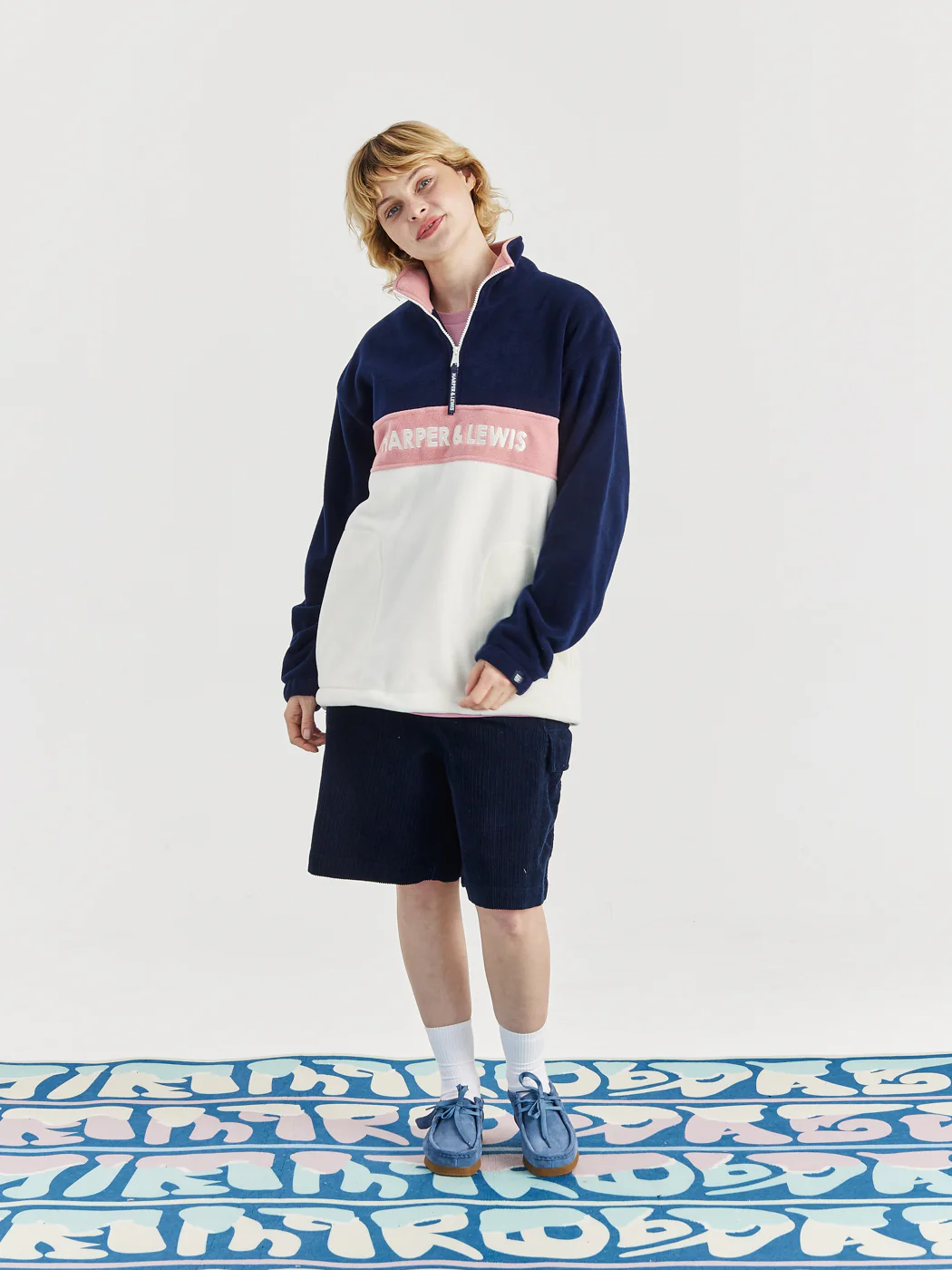 Mellow 1/4 Zip Fleece Navy & Cream - Harper & Lewis