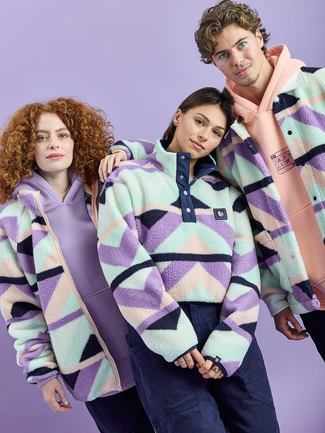 Indigo Retro Pattern Cropped Popper Neck Sherpa Fleece - Harper & Lewis