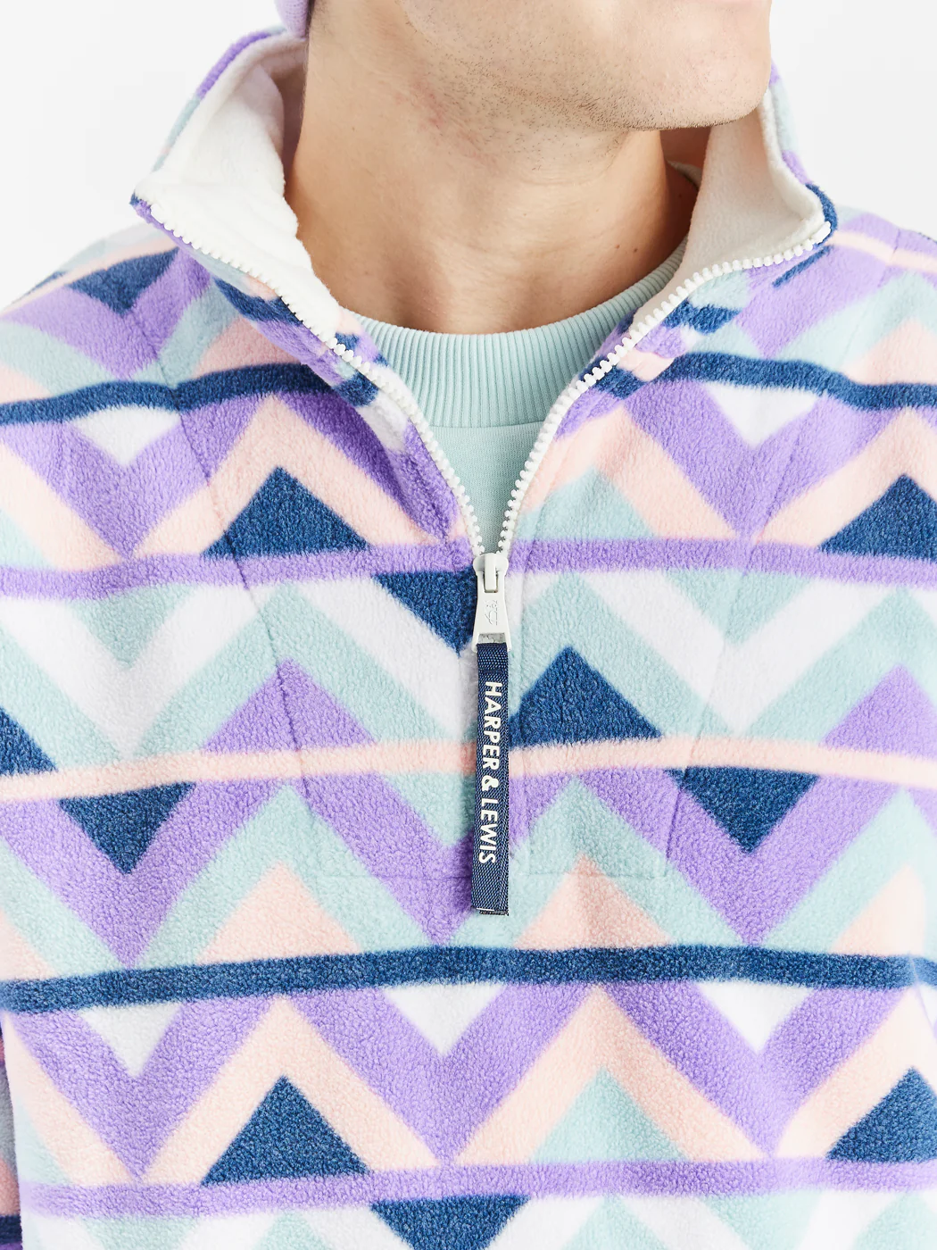 Raver Retro Pattern 1/4 Zip Fleece Cream & Navy - Harper & Lewis