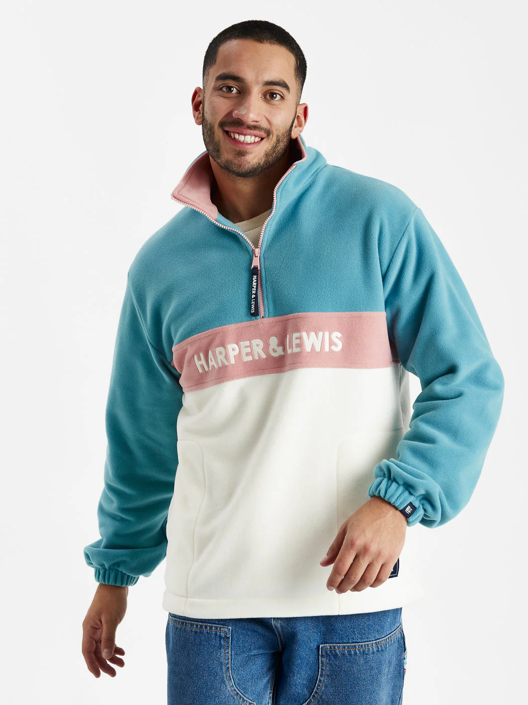 Mellow 1/4 Zip Fleece Steel Blue & Cream - Harper & Lewis