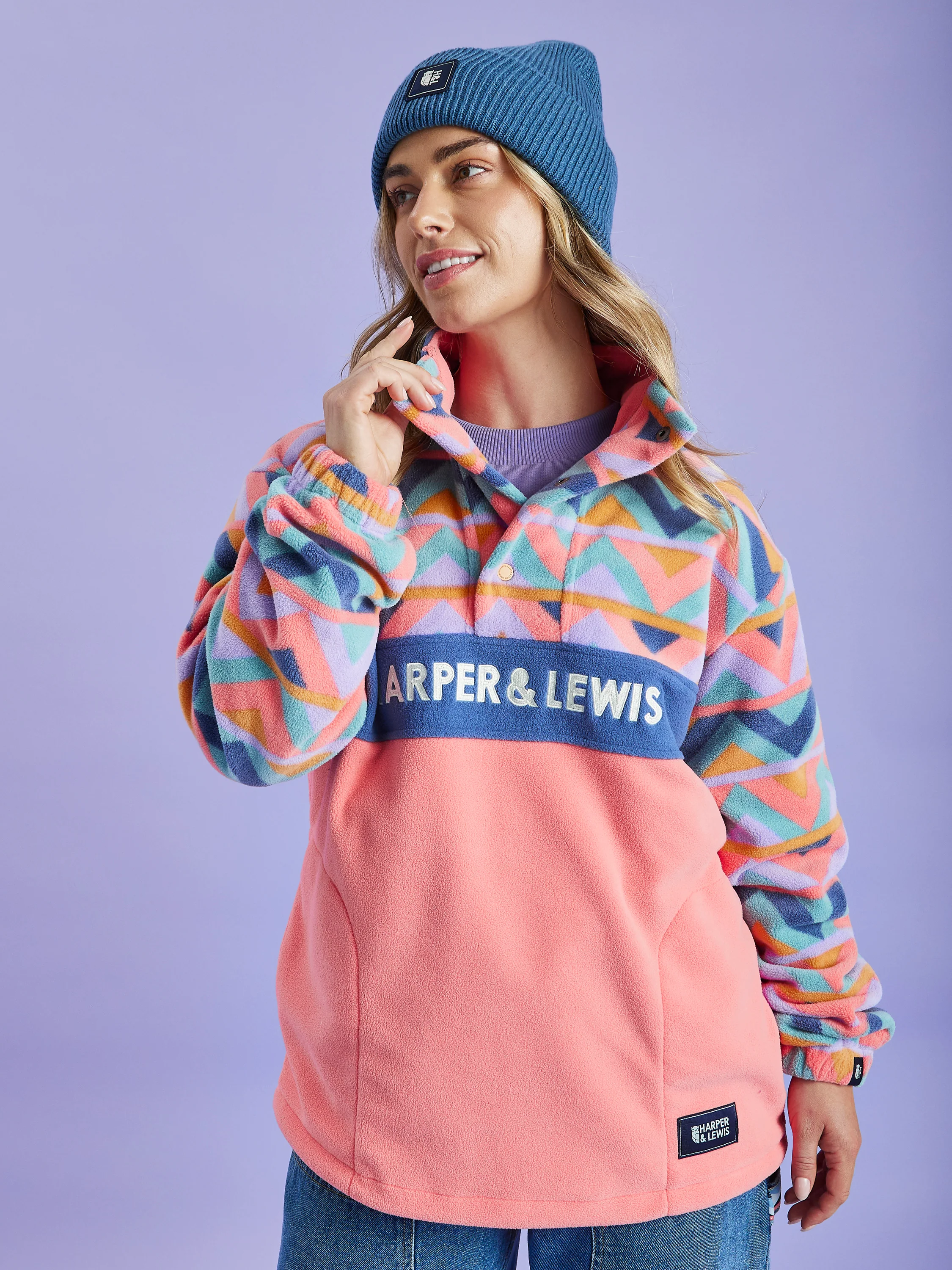 Polar Retro Pattern Popper Neck Fleece Aztec & Coral - Harper & Lewis