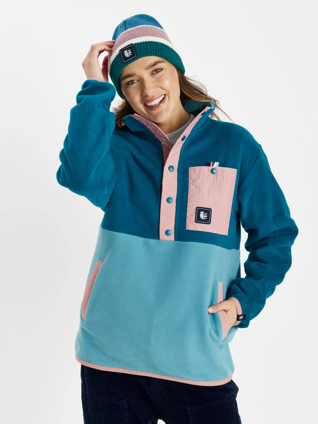 Aries Popper Neck Fleece Teal Green & Steel Blue - Harper & Lewis
