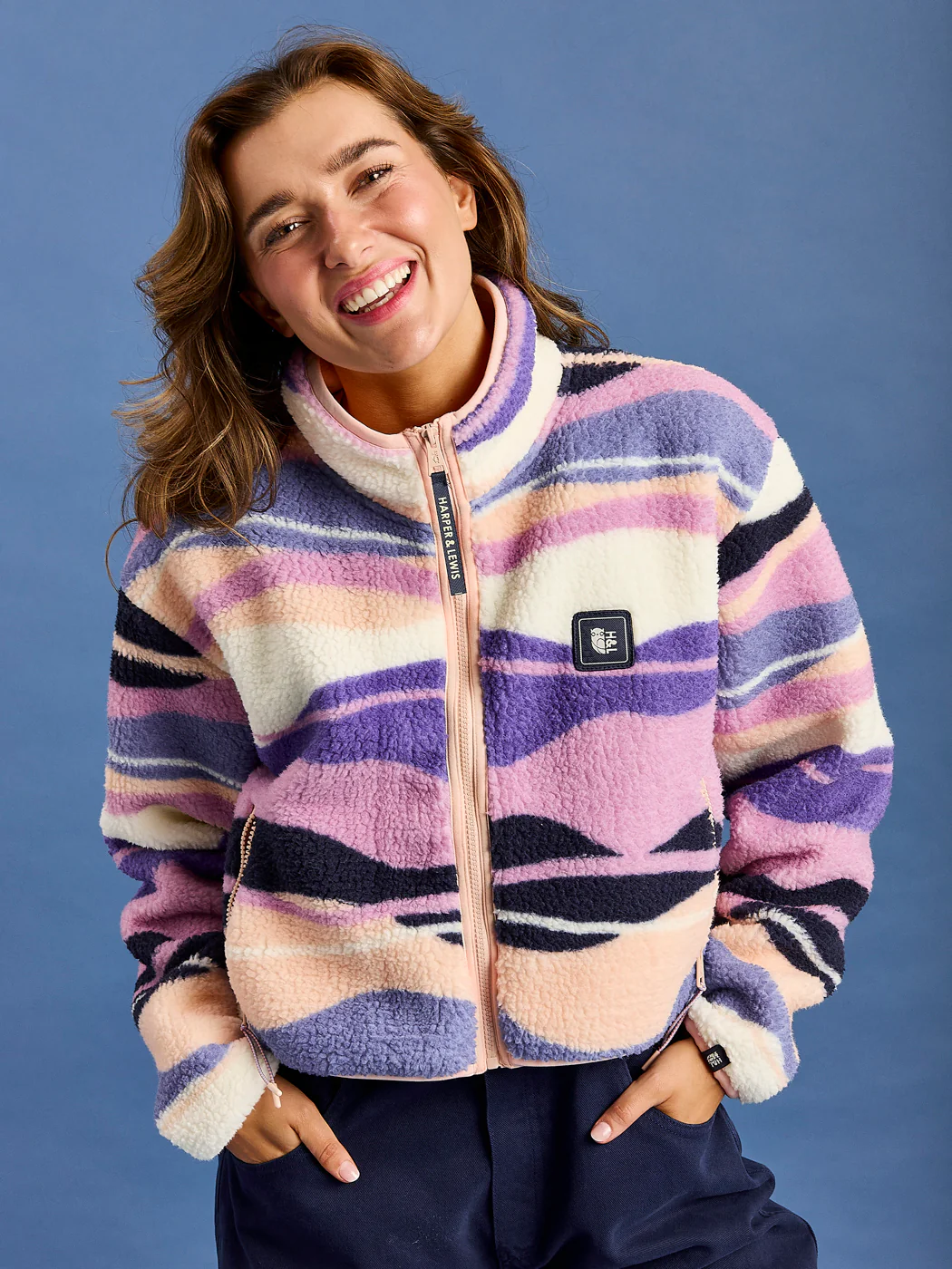 Lana Retro Pattern Cropped Sherpa Fleece Jacket - Harper & Lewis