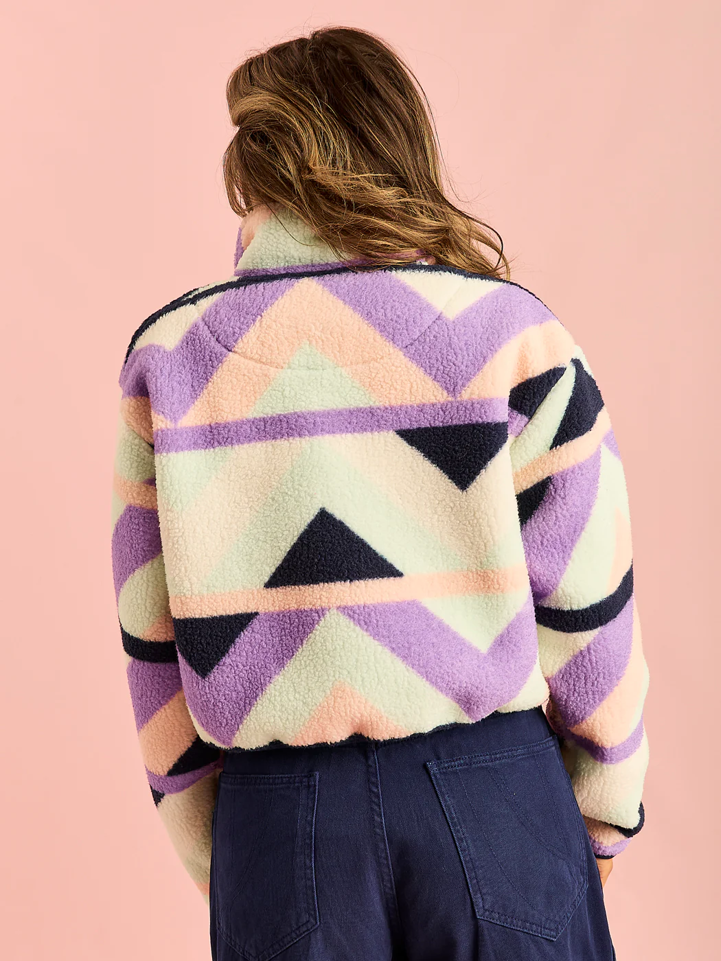 Indigo Retro Pattern Cropped Popper Neck Sherpa Fleece - Harper & Lewis