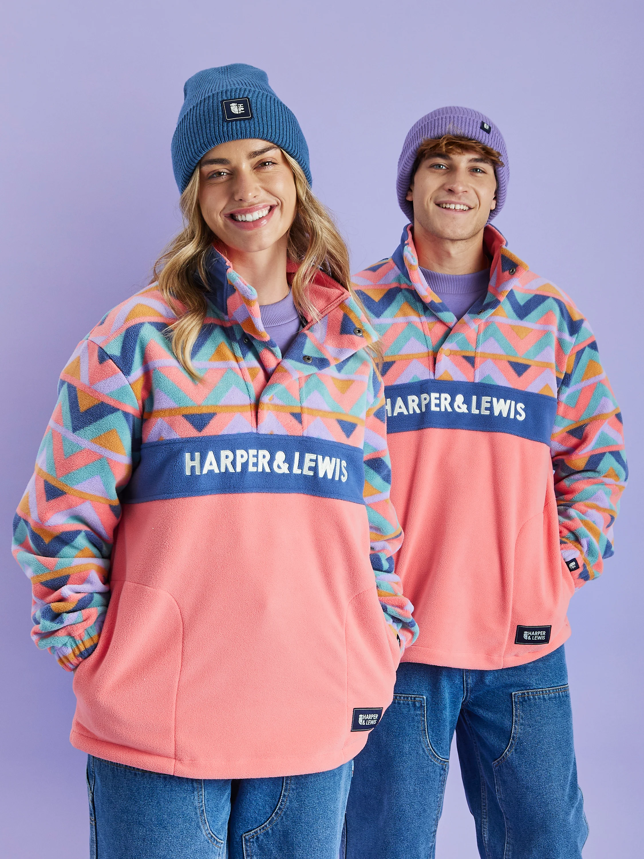 Polar Retro Pattern Popper Neck Fleece Aztec & Coral - Harper & Lewis