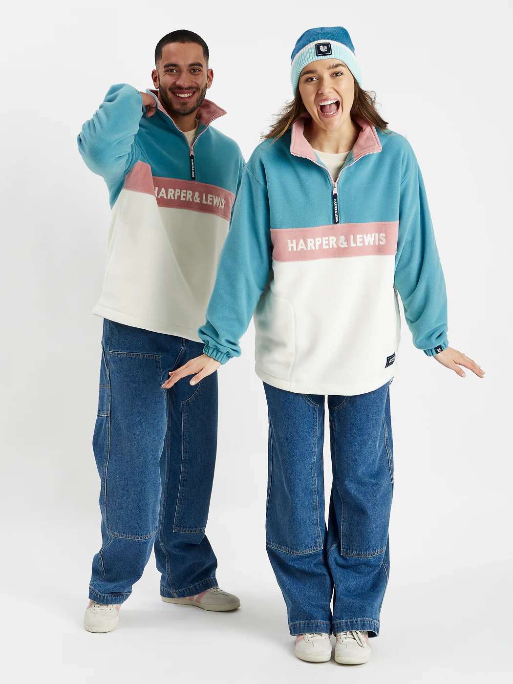 Mellow 1/4 Zip Fleece Steel Blue & Cream - Harper & Lewis