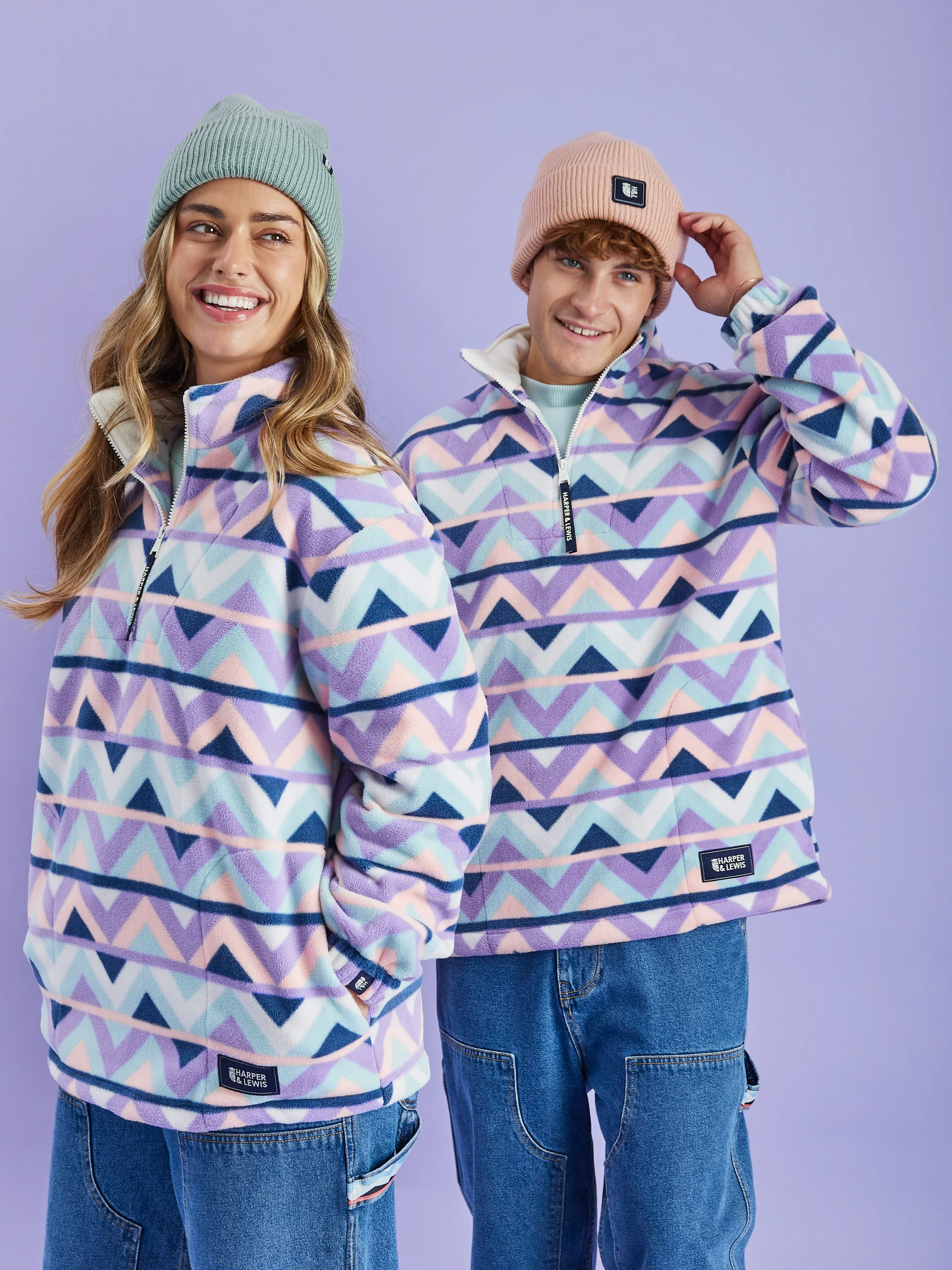 Raver Retro Pattern 1/4 Zip Fleece Cream & Navy - Harper & Lewis