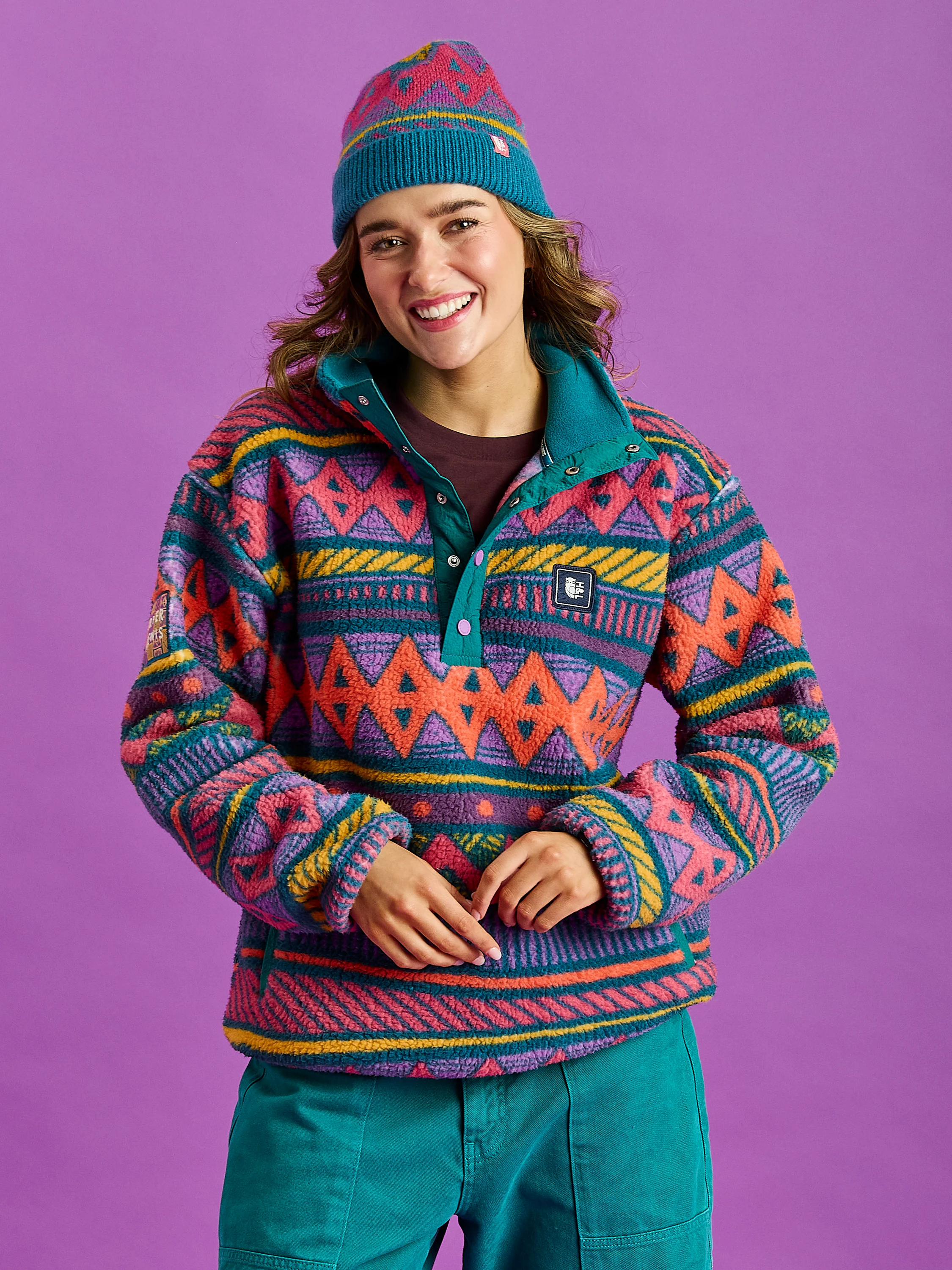 Charlie Retro Pattern Popper Neck Sherpa Fleece - Harper & Lewis