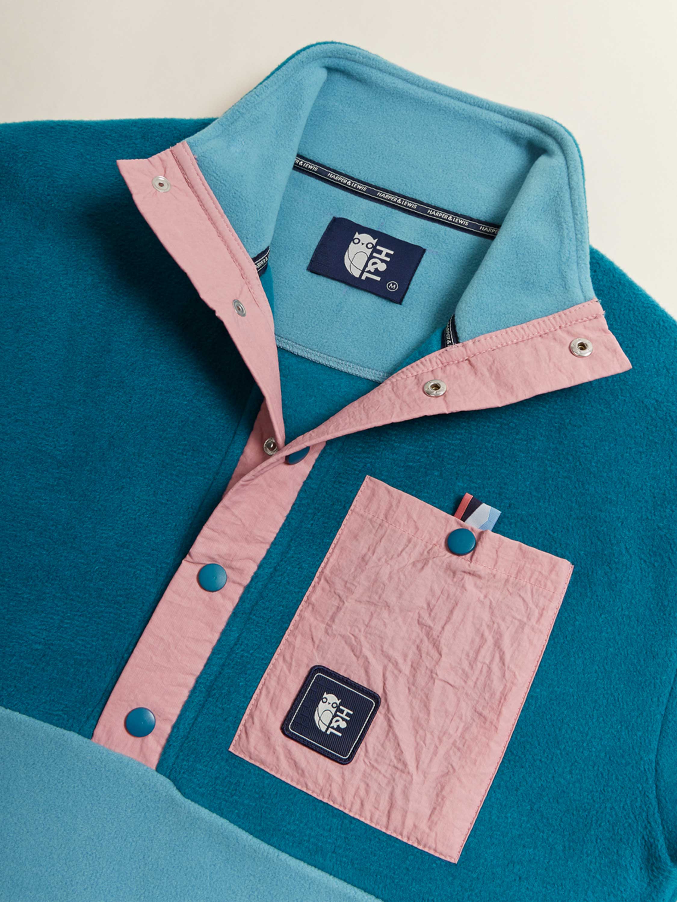 Aries Popper Neck Fleece Teal Green & Steel Blue - Harper & Lewis
