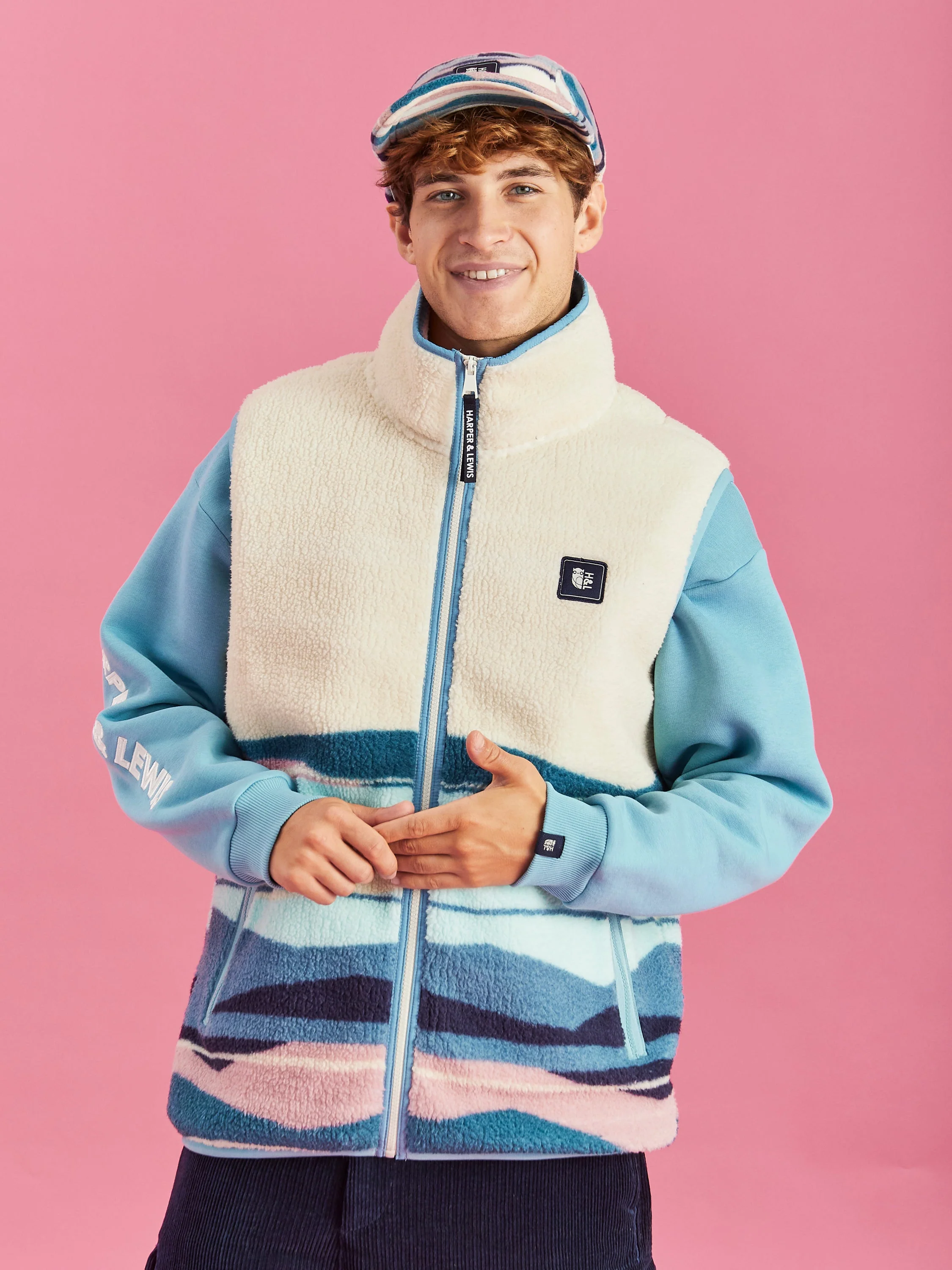 Emery Retro Pattern Sherpa Fleece Gilet - Harper & Lewis