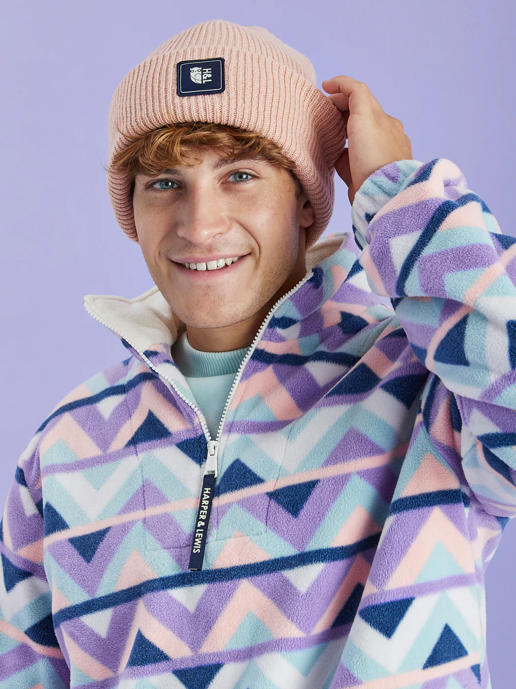 Raver Retro Pattern 1/4 Zip Fleece Cream & Navy - Harper & Lewis