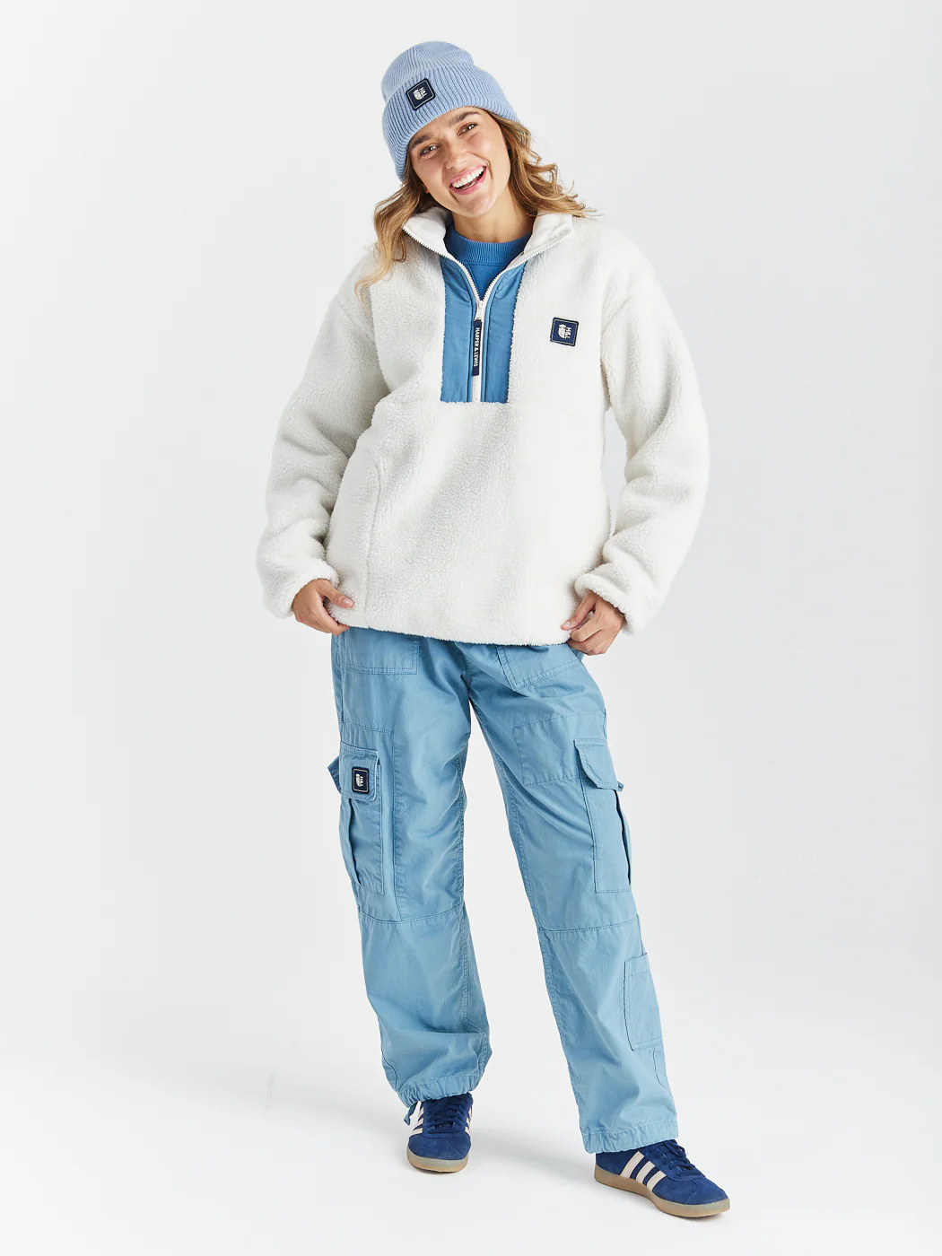 Iris 1/4 Zip Sherpa Fleece Cream & Steel Blue - Harper & Lewis