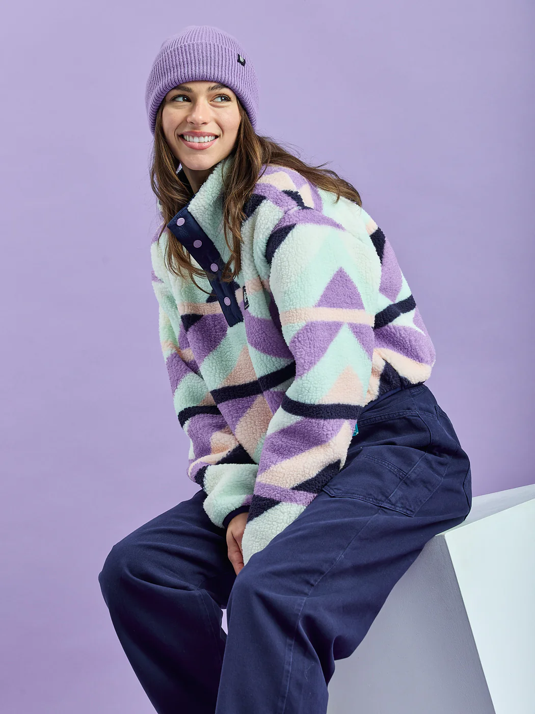 Indigo Retro Pattern Cropped Popper Neck Sherpa Fleece - Harper & Lewis