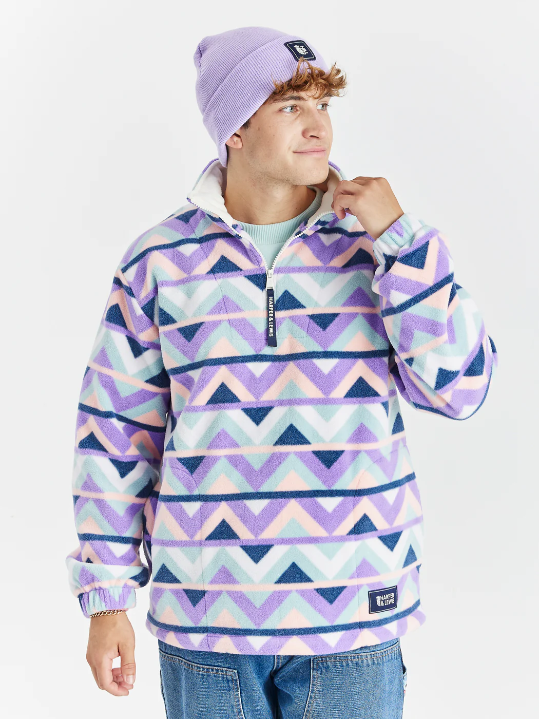 Raver Retro Pattern 1/4 Zip Fleece Cream & Navy - Harper & Lewis