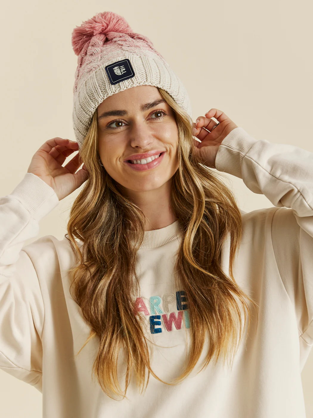 Solden Pom Pom Beanie Dusty Pink and Off White - Harper & Lewis