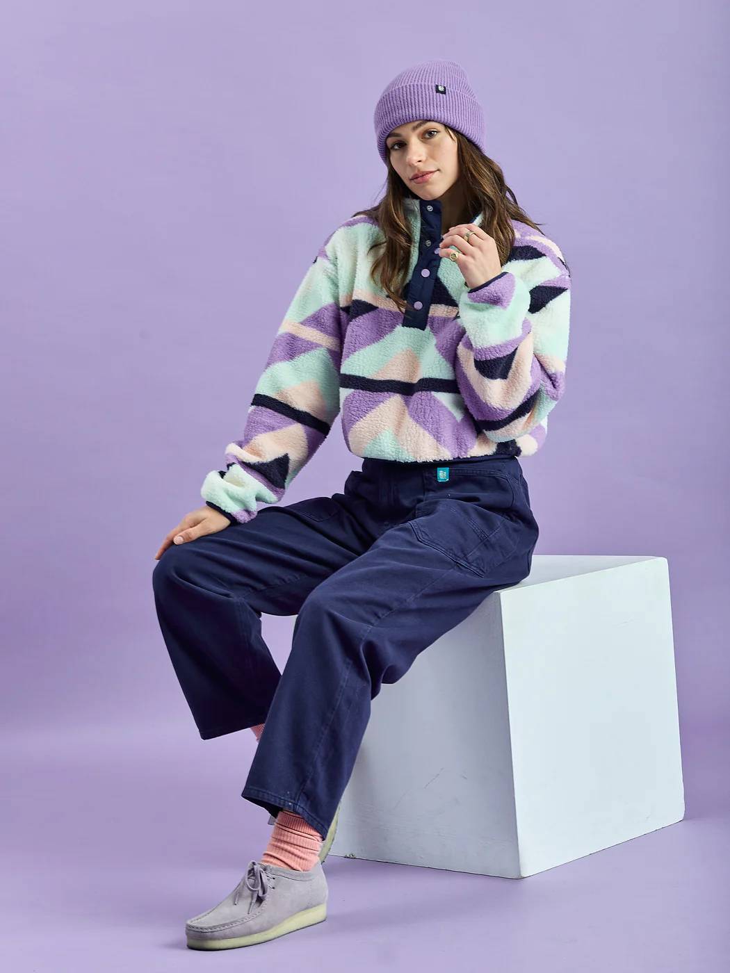 Indigo Retro Pattern Cropped Popper Neck Sherpa Fleece - Harper & Lewis
