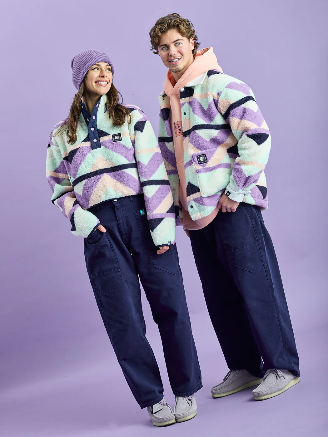 Indigo Retro Pattern Cropped Popper Neck Sherpa Fleece - Harper & Lewis