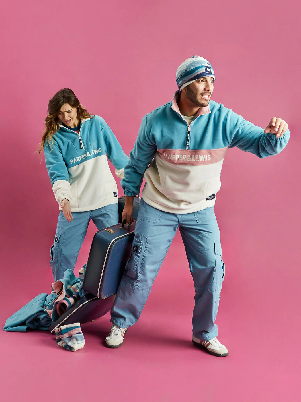 Mellow 1/4 Zip Fleece Steel Blue & Cream - Harper & Lewis