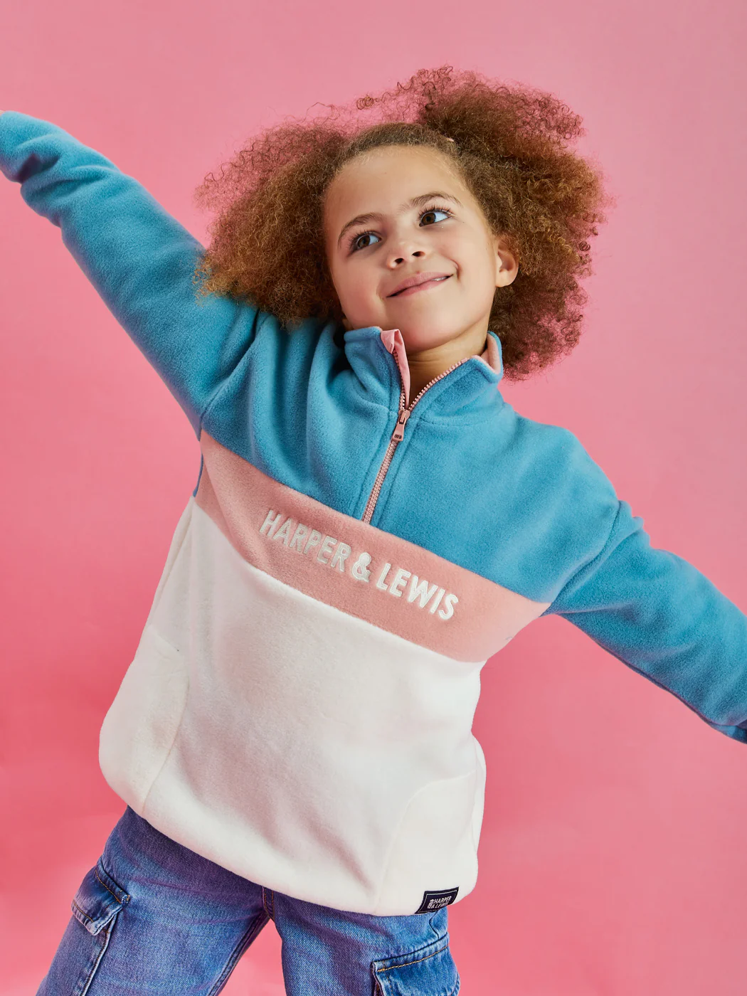 Kids Mellow 1/4 Zip Fleece Steel Blue & Cream - Harper & Lewis