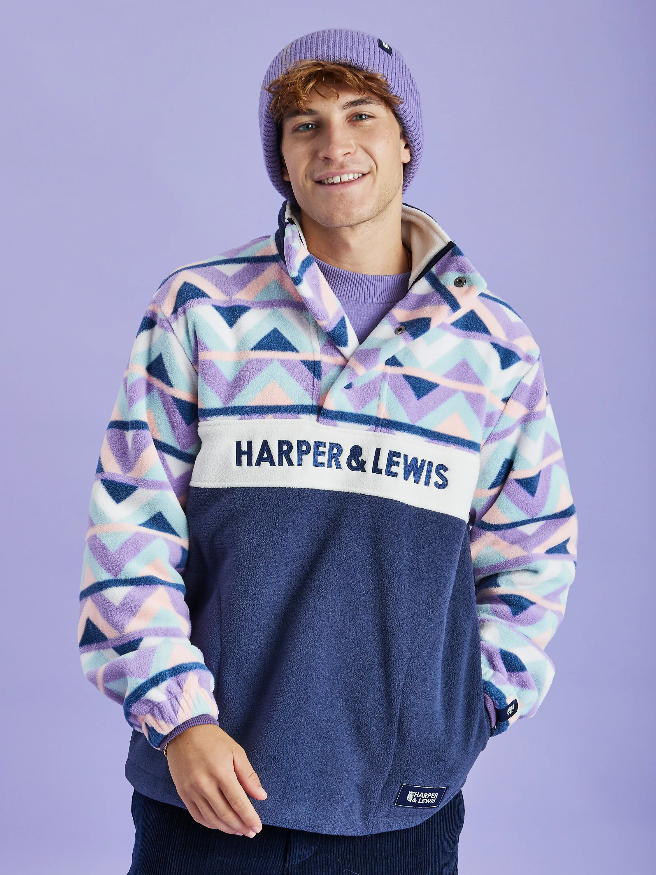 Polar Retro Pattern Popper Neck Fleece Aztec & Navy - Harper & Lewis