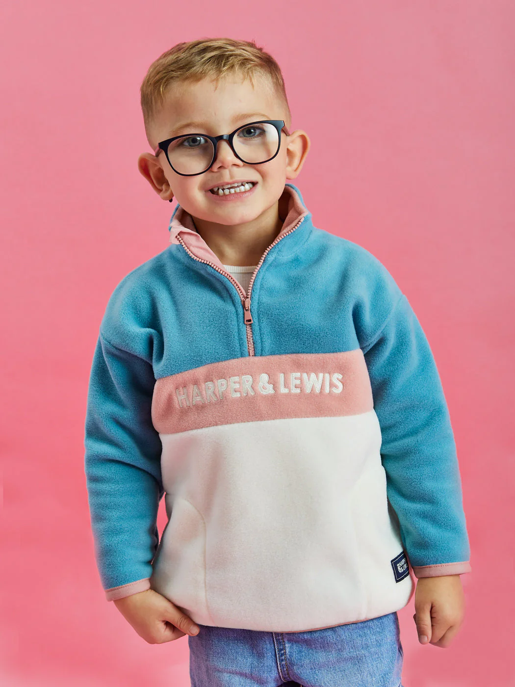 Kids Mellow 1/4 Zip Fleece Steel Blue & Cream - Harper & Lewis