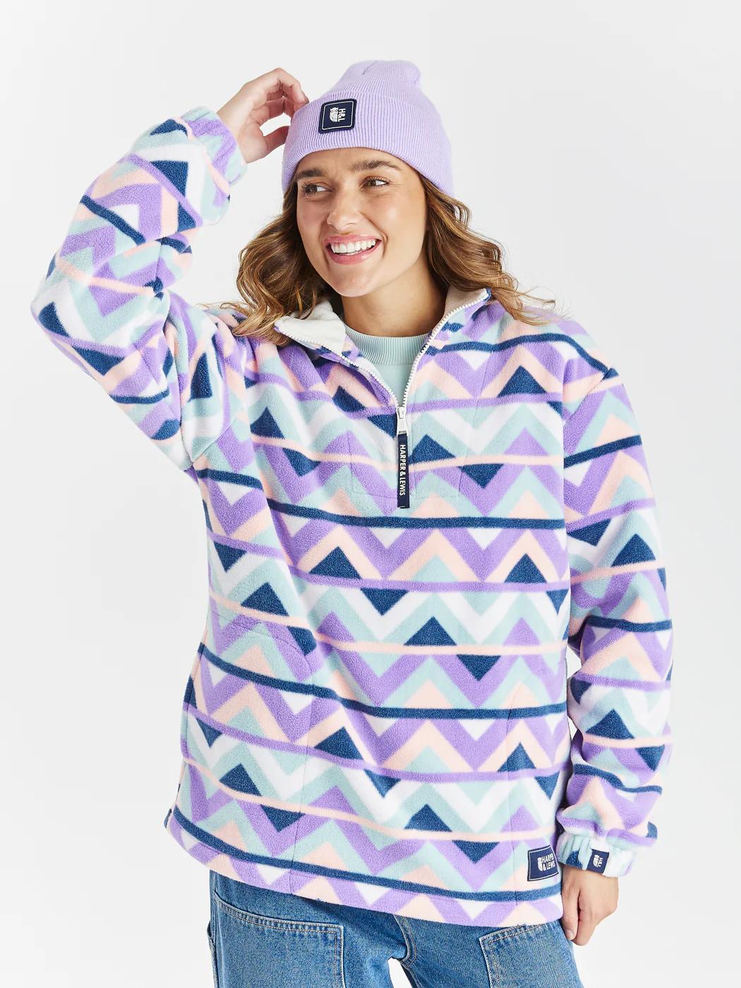 Raver Retro Pattern 1/4 Zip Fleece Cream & Navy - Harper & Lewis