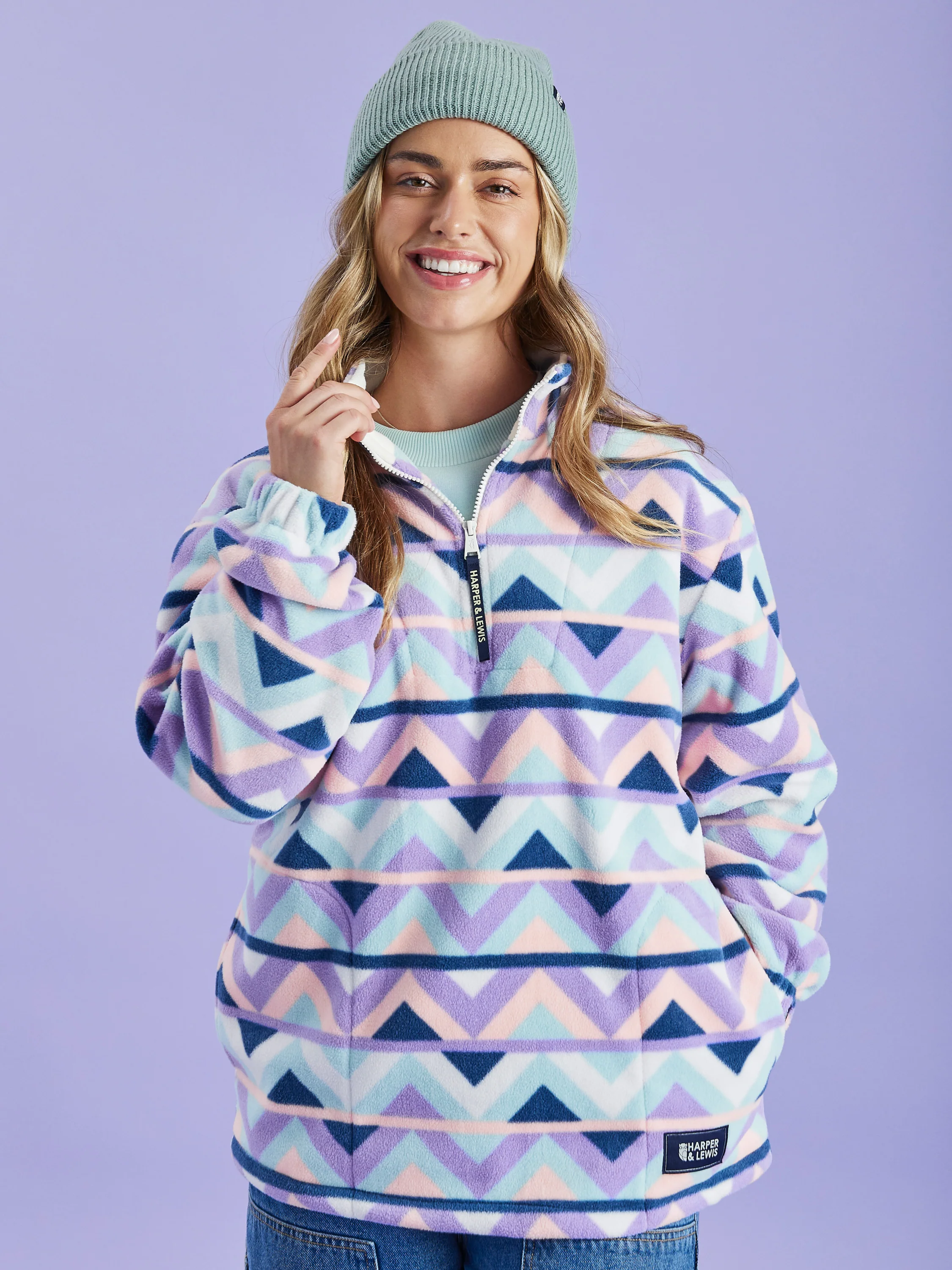 Raver Retro Pattern 1/4 Zip Fleece Cream & Navy - Harper & Lewis
