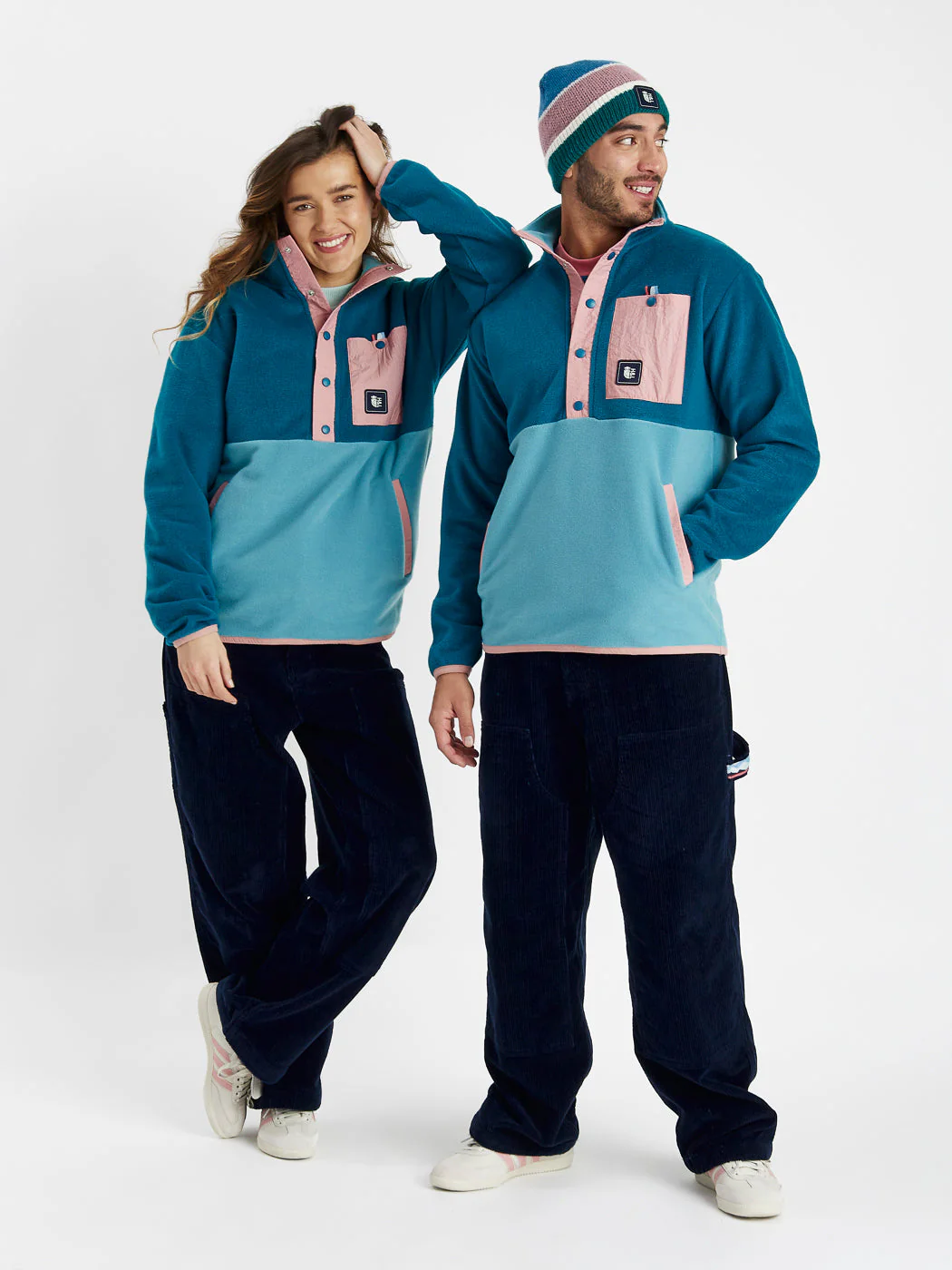 Aries Popper Neck Fleece Teal Green & Steel Blue - Harper & Lewis